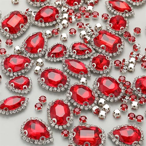 Miniatura 16 de Diamantes de imitación para coser, Choupee 130 piezas de piedras rojas para coser con base metálica y engaste de garra, formas mixtas, gemas