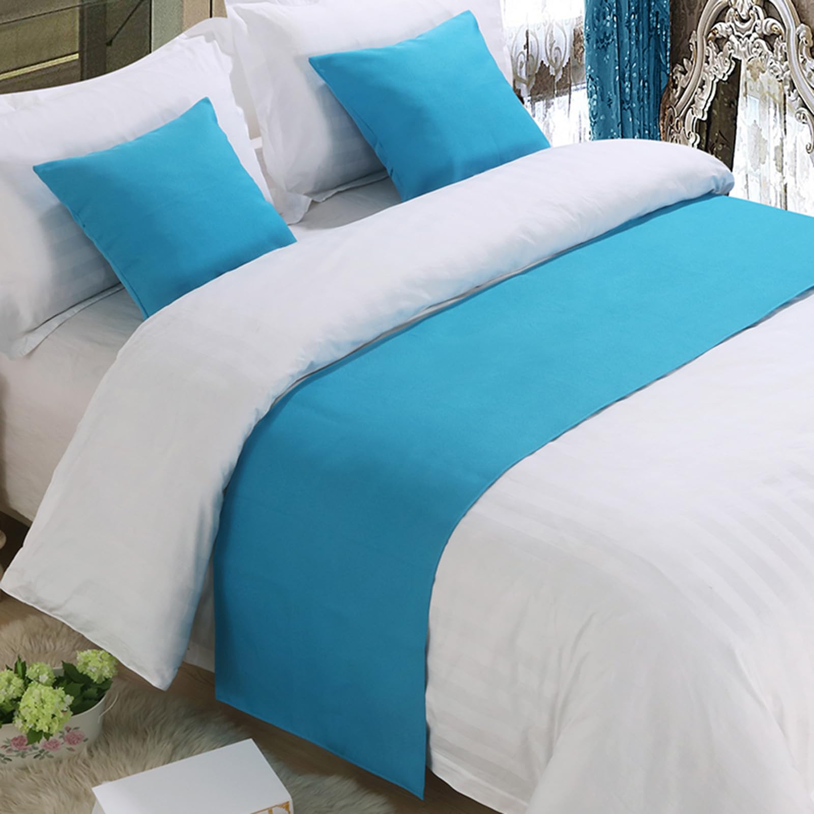 QRGMKL Premium Bed Runner for Foot of Bed, Solid Color Bed Scarf Cotton Linen Bedspread Home Decoration Hotel Bedroom Bedding Protector-Sapphire Blue||260X50cm for 2m Bed