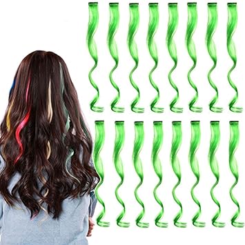 16 pcs Colored Clip in Hair Extensions 20 inch Green Heat-Resistant Straight Highlight Hairpieces Multi-colors Hair Wig Halloween Cosplay Fashion Party Christmas Kids Girls(Green)
