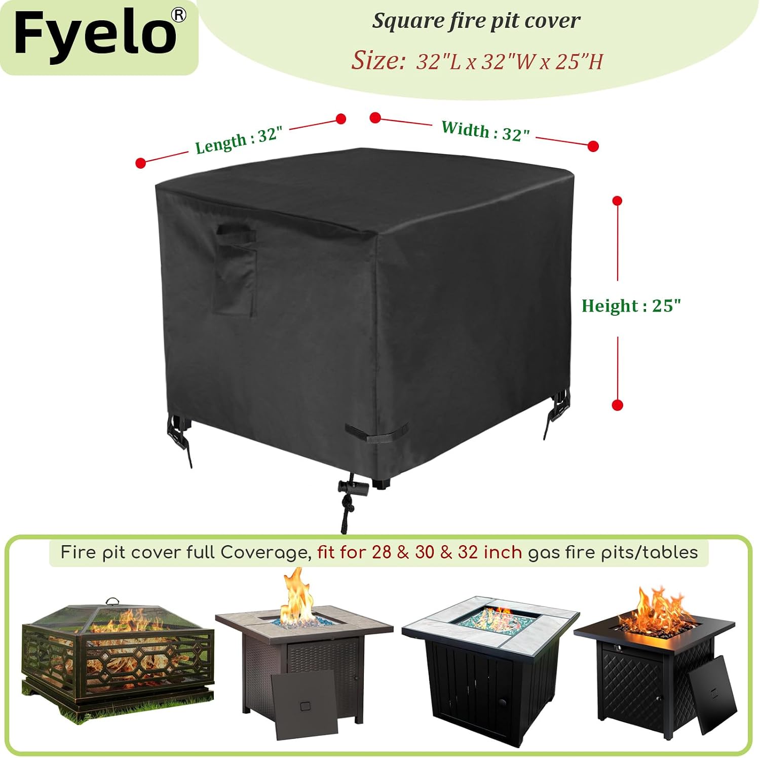 32 Inch Gas Fire Pit Cover for 28-32 Inch Square Fire Pit Tables, Heavy Duty 600D Waterproof & Windproof 32 x 32 x 24 Inches Patio Firepit Cover, Black