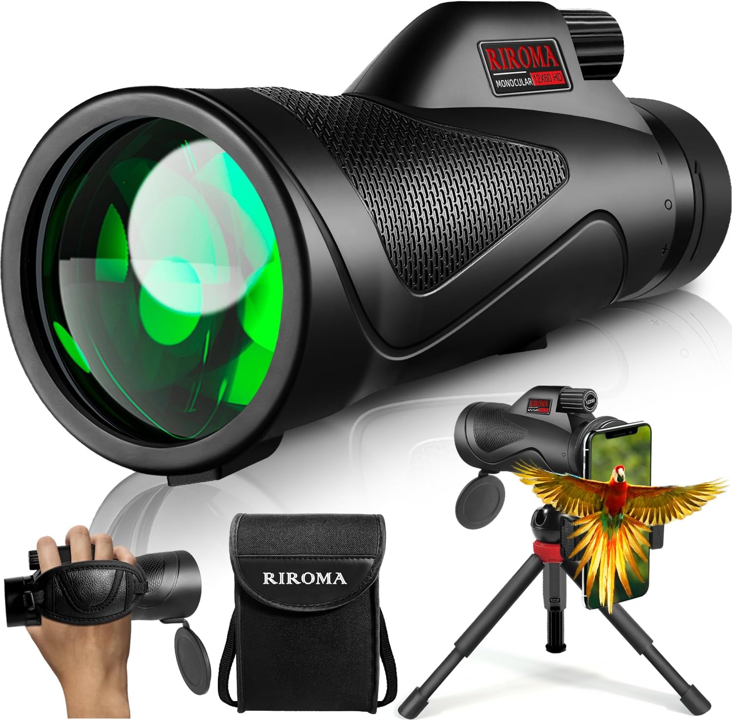 Monocular - Telescope 12X60 HD Monocular with Smartphone Adapter Tripod & Portable Bag, Monoculars for Adults High Power with BAK4 Prism & FMC Lens, Suitable for Bird Watching Hunting Hiking Camping