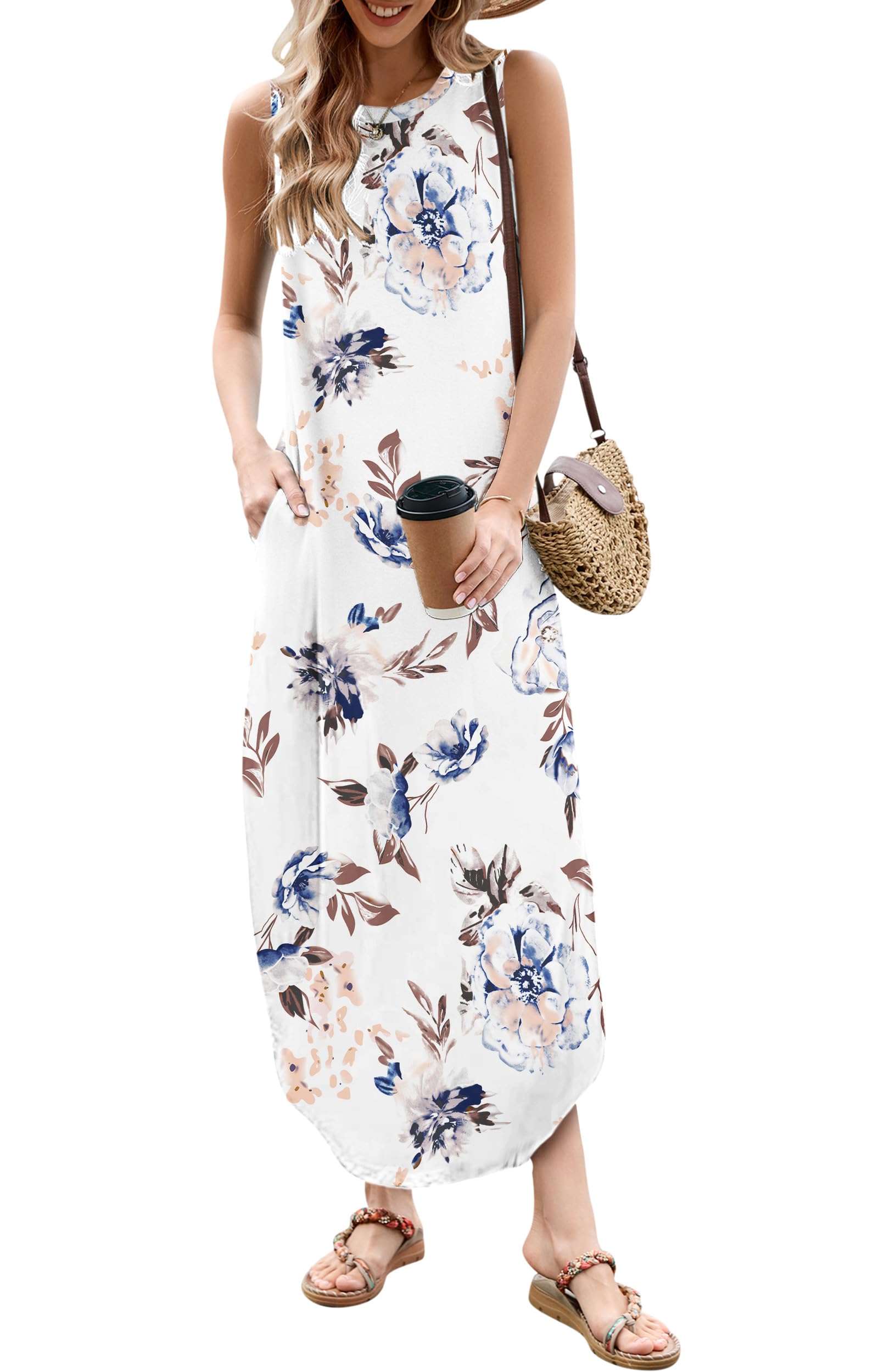 AUSELILY Vestito Lungo Donna Estivo Vestito da Spiaggia Mare Abito T-Shirt Donna Lungo Maxi con Spacco Laterale e Tasche