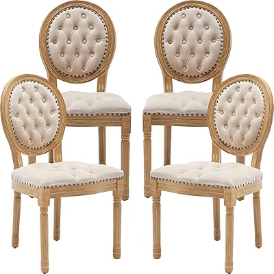 ODUSE-DAILY French Country Dining Chairs Set of 4, Beige Kitchen & Dining Room Chairs, Velvet Kitchen Chairs, Tufted Upholstered, Wood Legs, Sillas De Comedor (Velvet, Beige, 4 Pcs)