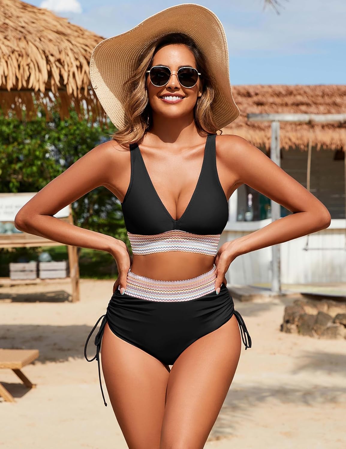 Women's High Waisted Bikini Sets Two Piece Tummy Control Swimsuit Color Block Bathing Suits - Image 4