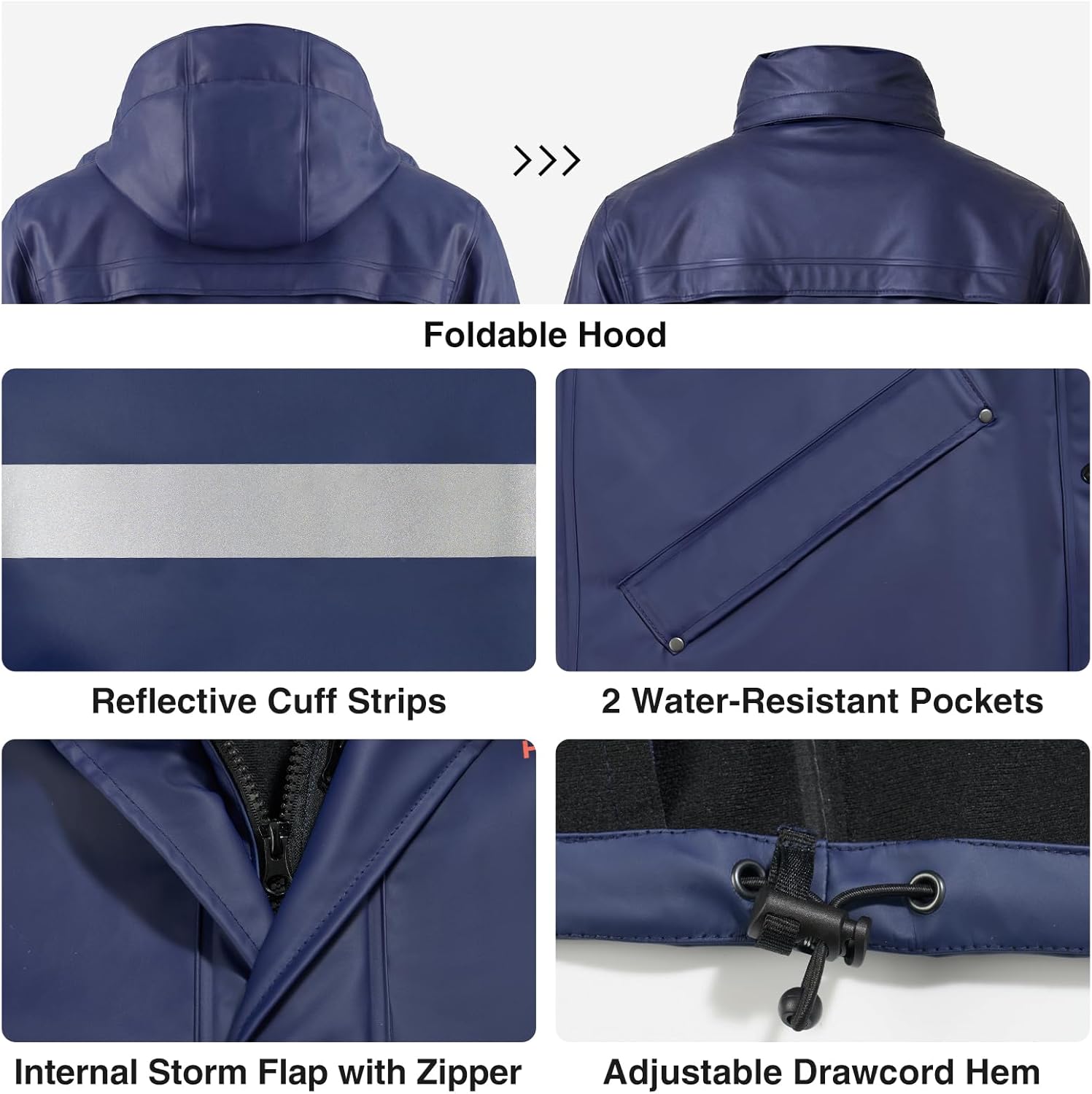 HISEA Mens Rain Jacket, PU Waterproof Jacket for Men with Foldable Hood, Windproof Raincoat Relaxed Fit Lightweight Jacket