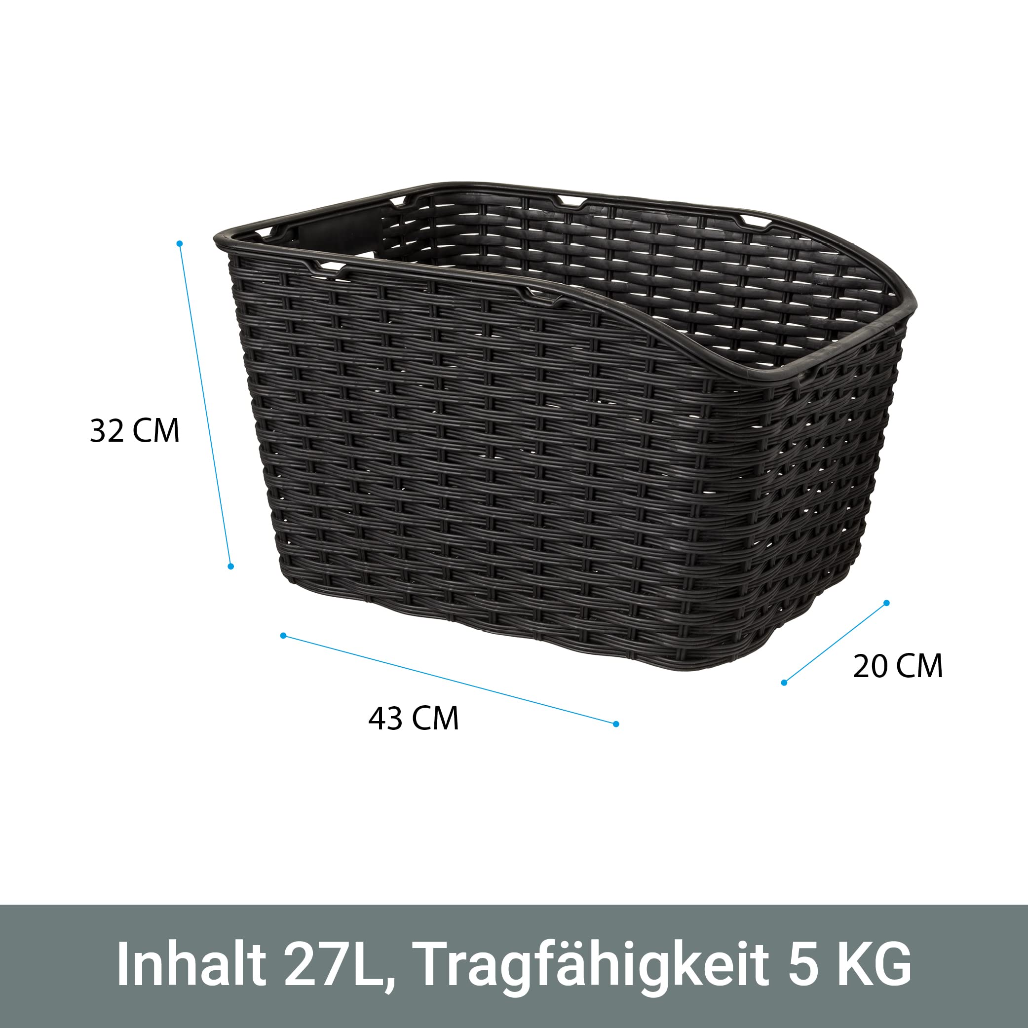 FAST RIDER Dante Fahrradkorb Schulranzen Hinten, 27L Korb für Heckträger, Bike Basket aus Plastikgeflecht, Inklusive Montage, Wetterbeständig - Schwarz