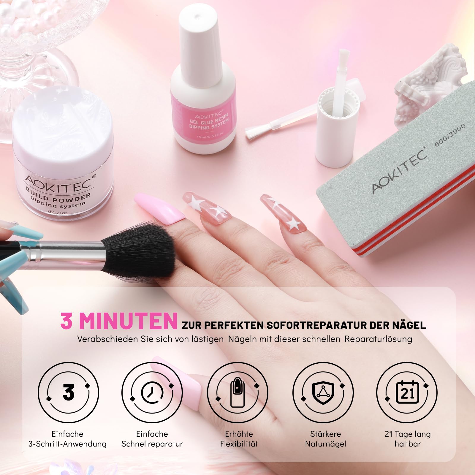Aokitec Zestaw naprawczy do paznokci 28 g Dip Build z klejem naprawczym do paznokci, zestaw naprawczy do złamanych naturalnych paznokci, wzmocnienie paznokci, szybkoschnący na powietrzu