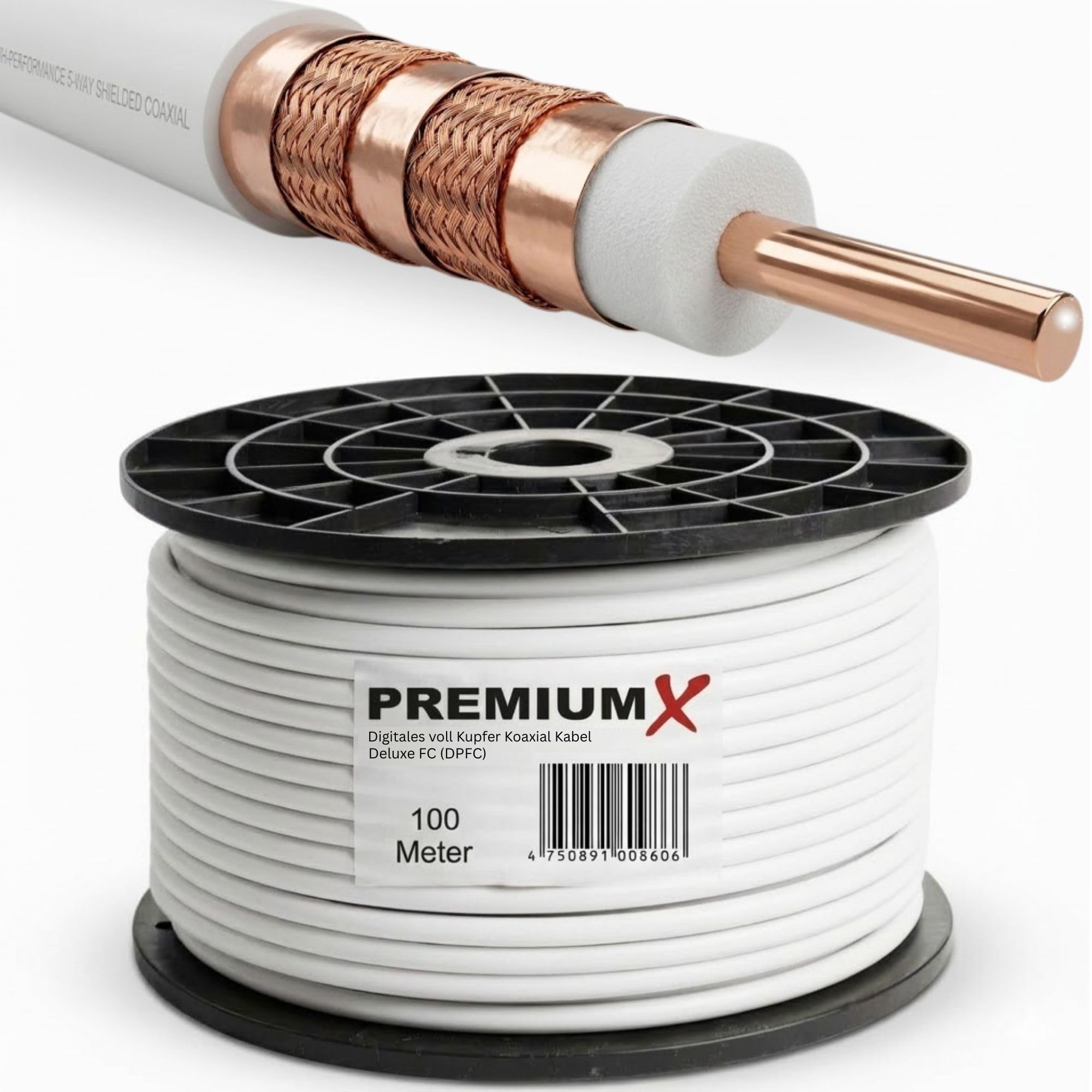 Premium X Deluxe PRO SAT Koaxialkabel 100m Weiß - 99,99% Vollkupfer - Massive 5-Fach Kupfer-Festung & 1,13mm Kern - 135dB Class A 8K 4K UHD TV Antennenkabel Massiv Referenz-Klasse