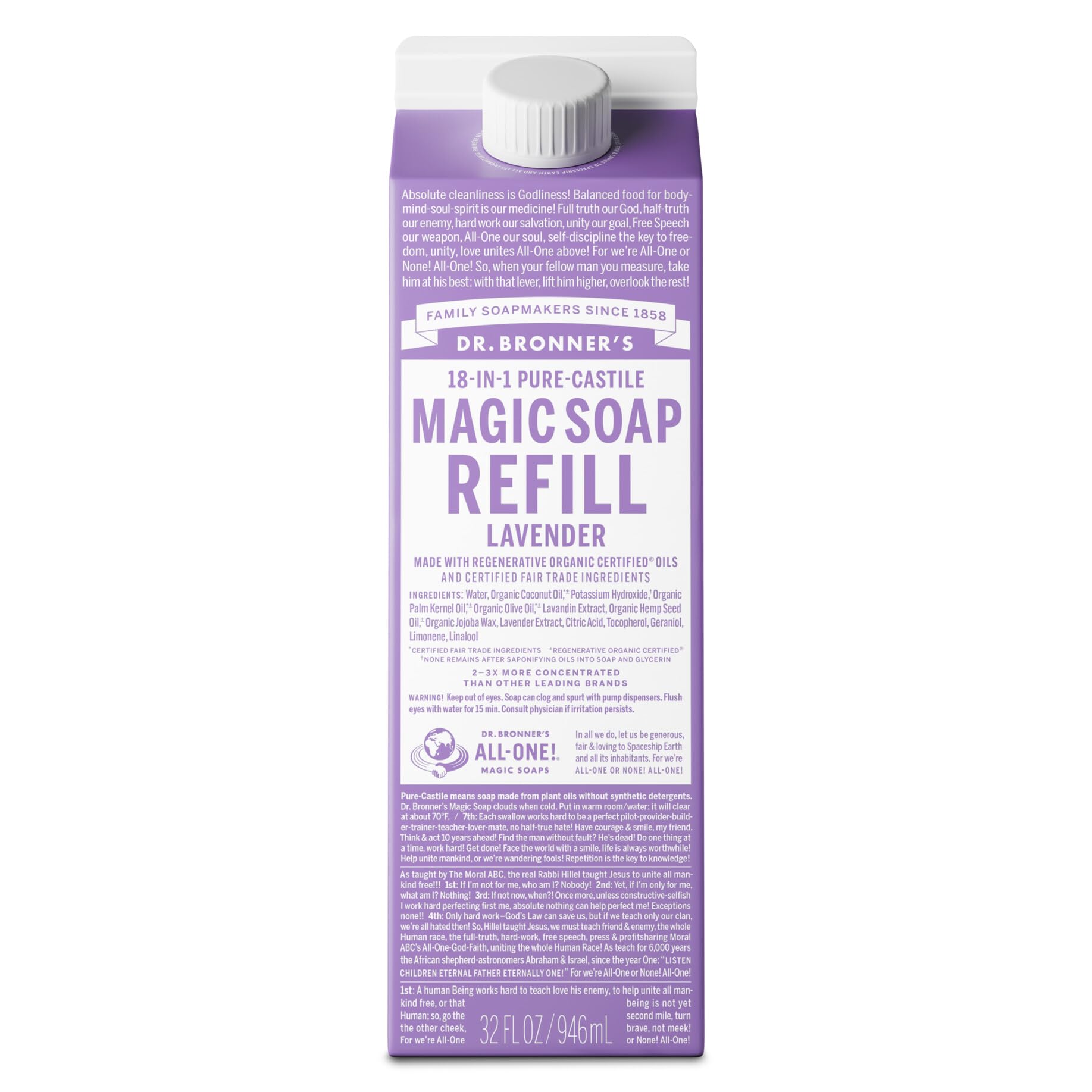 Dr. Bronner's Pure-Castile Liquid Magic Soap Refill - Made with Regenerative Organic Certified Oils, 86% Less Plastic per Quart - 18-in-1 Uses for Face, Body Wash, Hand Soap Refill- Lavender, 32ozRegenerative Organic CertifiedEWG VerifiedRegenerative Organic CertifiedFair for LifeRegenerative Organic CertifiedRegenerative Organic CertifiedFair for Life