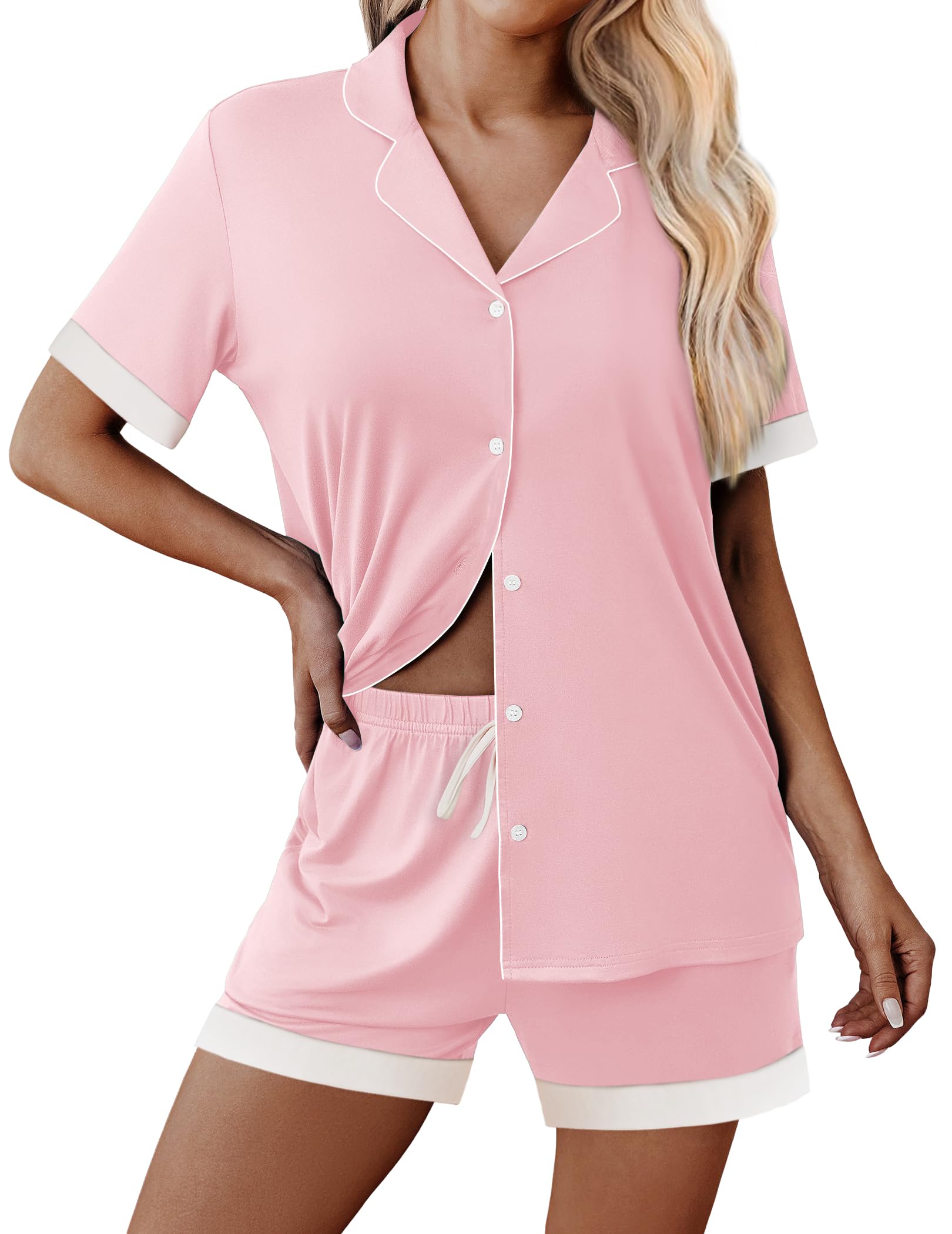 Ekouaer Womens Button Down Pajamas Set Short Sleeve Sleepwear 2025 Summer Soft 2 Piece Lounge Sets