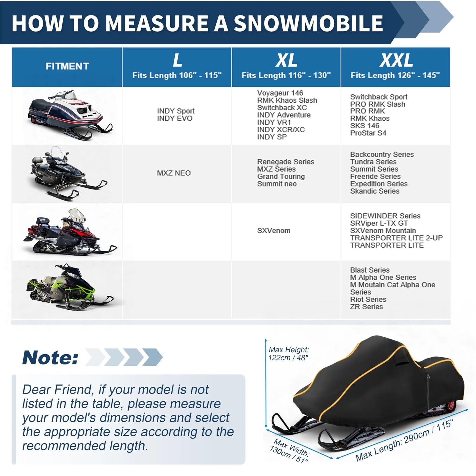 Fundas impermeables para motos de nieve, tela Oxford 420D, ajuste universal, 115 pulgadas (negro A, 370 x 130 x 122 cm)