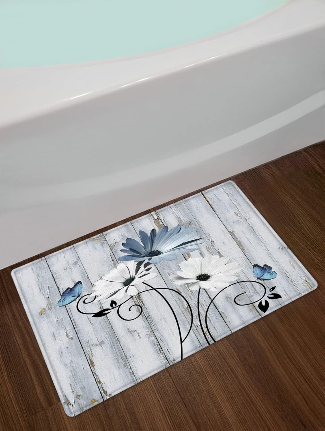 HVEST Farmhouse Floral Shower Curtain with Bath Mat Rustic Blue Daisy Flower and Butterfly Bathroom Sets with Shower Curtain and Rugs Vintage Wood Shower Curtain with Hooks Bathroom Decor