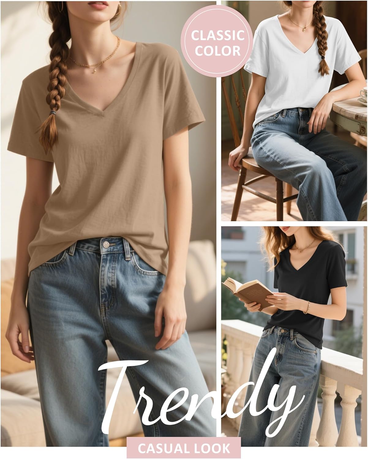 Ficerd 3 Pack Women's Short Sleeve Tunic Tops, V Neck Curved Hem Shirt Casual Summer Basic Tshirts Tee Blouse