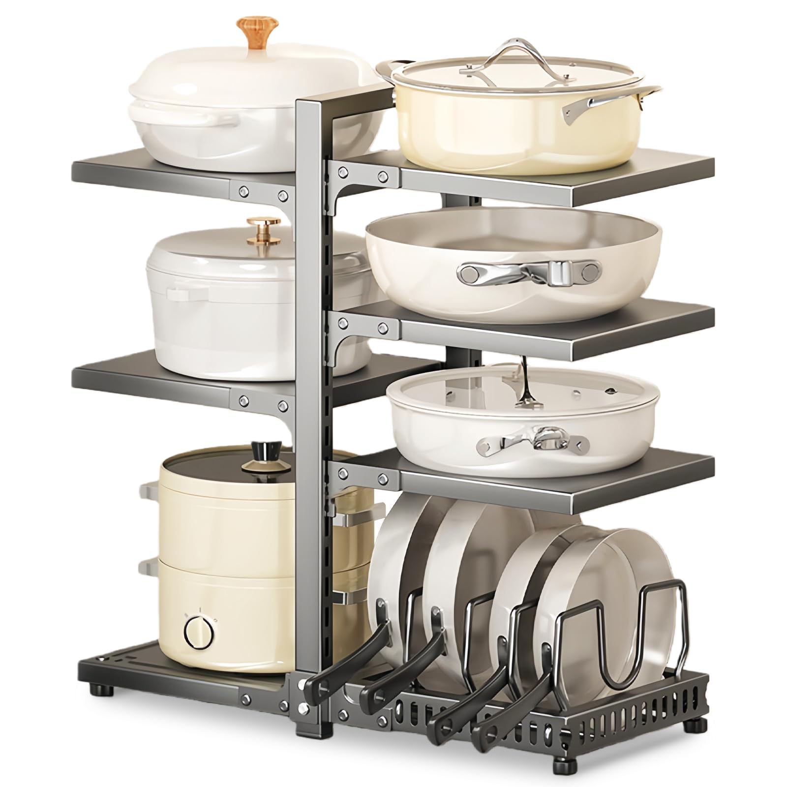7-Tier Pots and Pans Organiser, Heavy Duty Adjustable Rack for Pots and Lids, Kitchen Storage & Organisation, Rust-Proof, Dual-Sided Pan Stand for Kitchen Cupboard, Counter and Cabinet Storage (Gray)