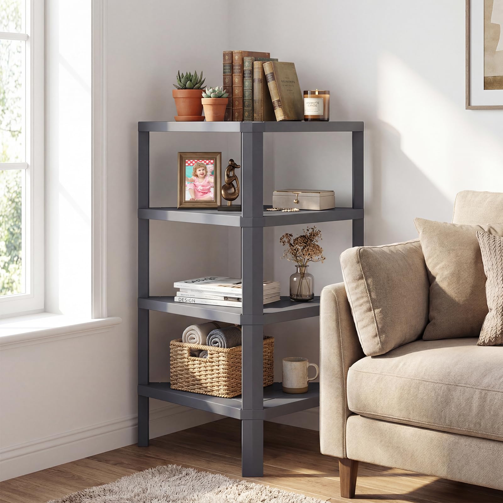 COSTWAY Étagère d'angle, Bibliothèque d'angle à 4 Niveaux avec Étagères Ouvertes à Lattes, Meuble de Rangement Moderne pour Bureau, Salon, Cuisine, Salle de Bain (Gris)