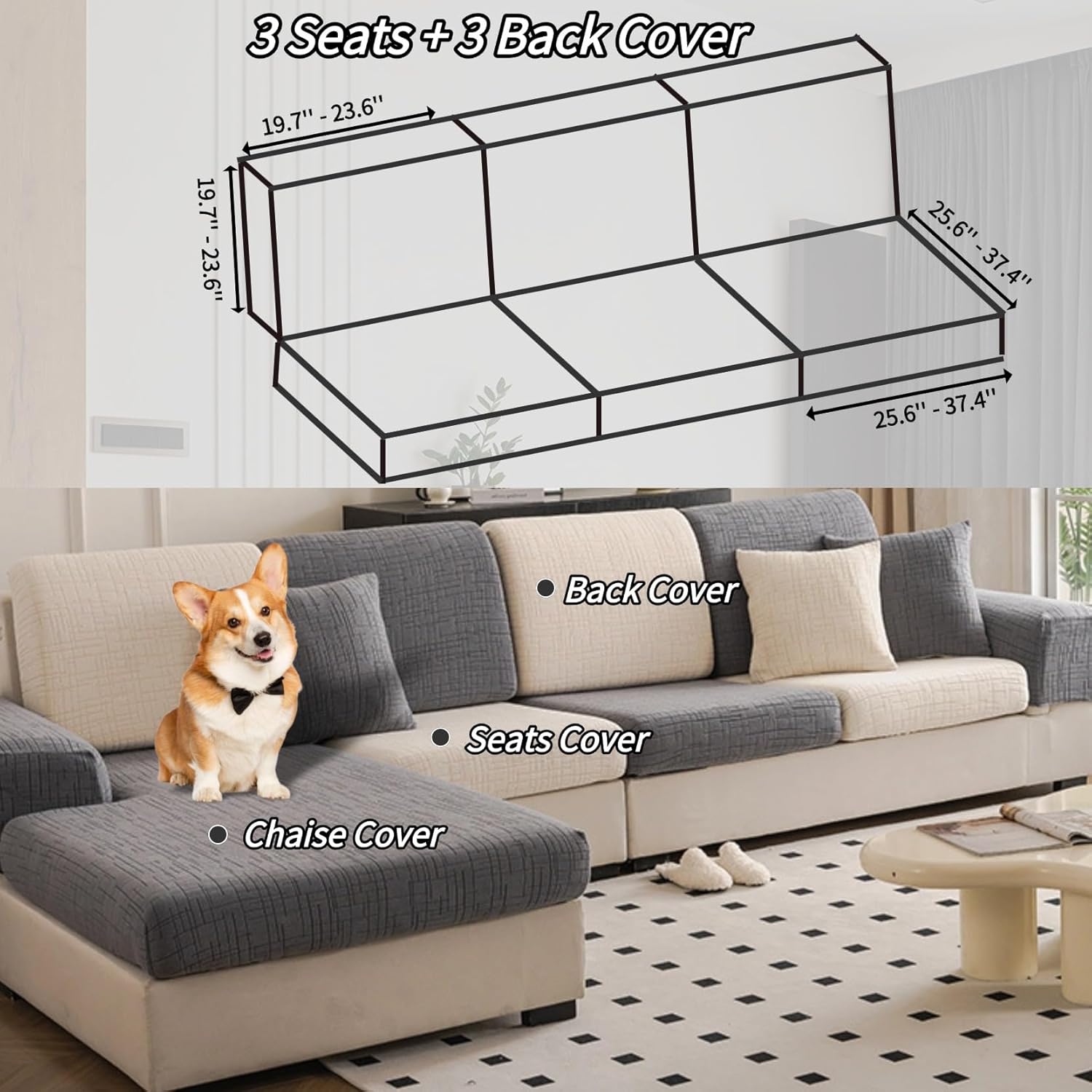 Sectional Couch Cushion Covers,Washable Thick Stretch Jacquard Fabric Couch Covers for Sectional Sofa, Skin-Friendly Slip Sofa Slipcovers for Pets (Dark Gray,3 Seats + 3 Back Cover)