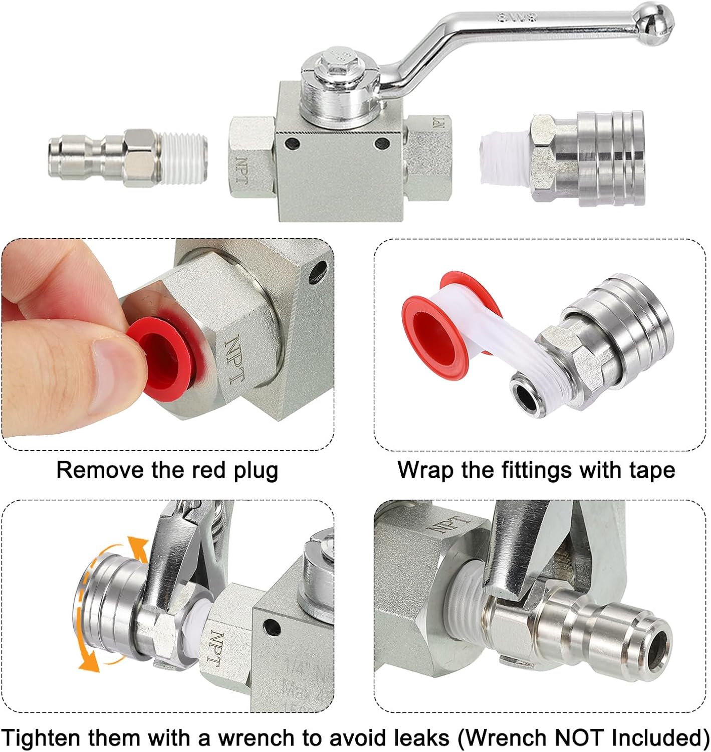 PATIKIL High Pressure Washer Ball Valve Kit, Stainless Steel Washer Hose with Tapes 1/4 Inch Quick Connect for Power Washer Hose, 4500 PSI Pressure