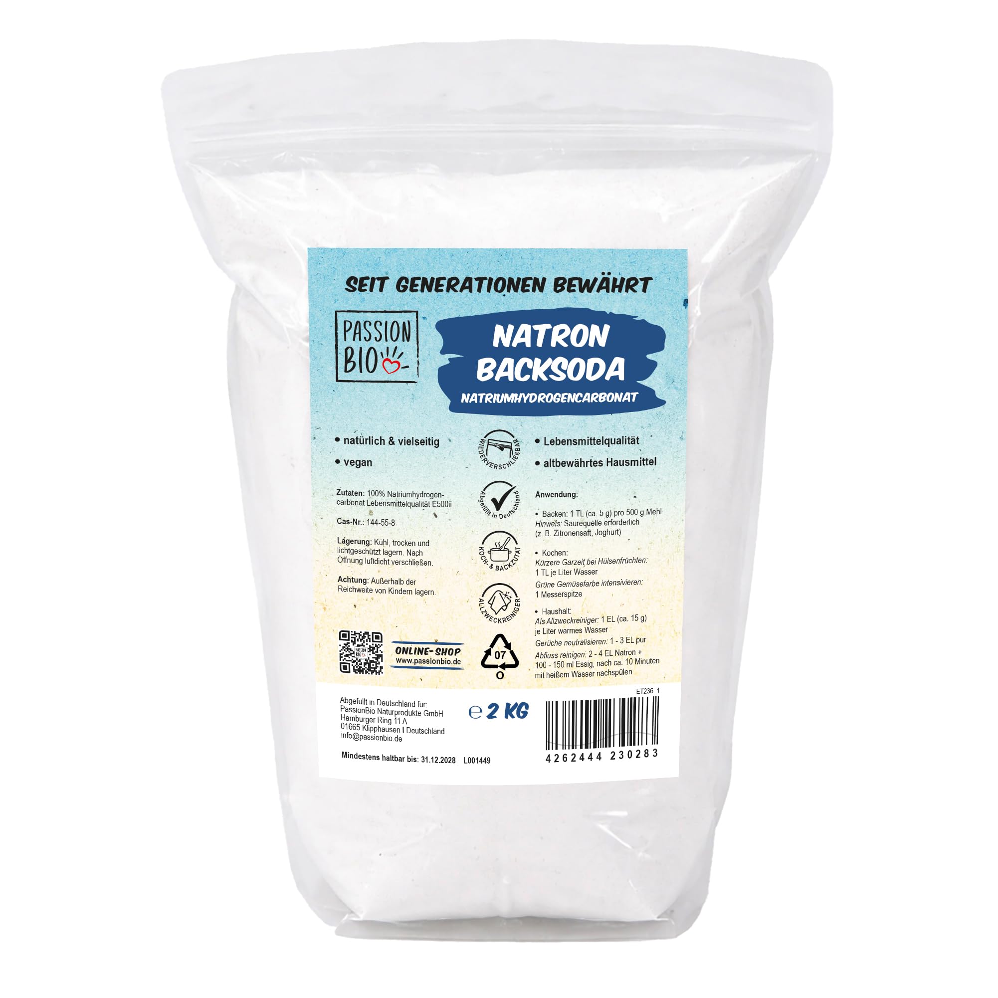 Natron Backsoda 2 kg – Natriumhydrogencarbonat – Lebensmittelqualität – wiederverschließbare Tüte – Backtriebmittel & Haushalt – vegan