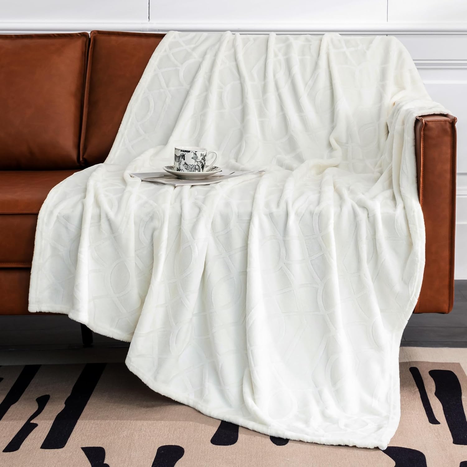 Soft Cozy Fleece Throw Blanket, 50x60 Inches – Lightweight Plush Blanket for Couch, Fuzzy 3D Jacquard Design, for Sofa, Bed & Travel - Ivory White - Image 2