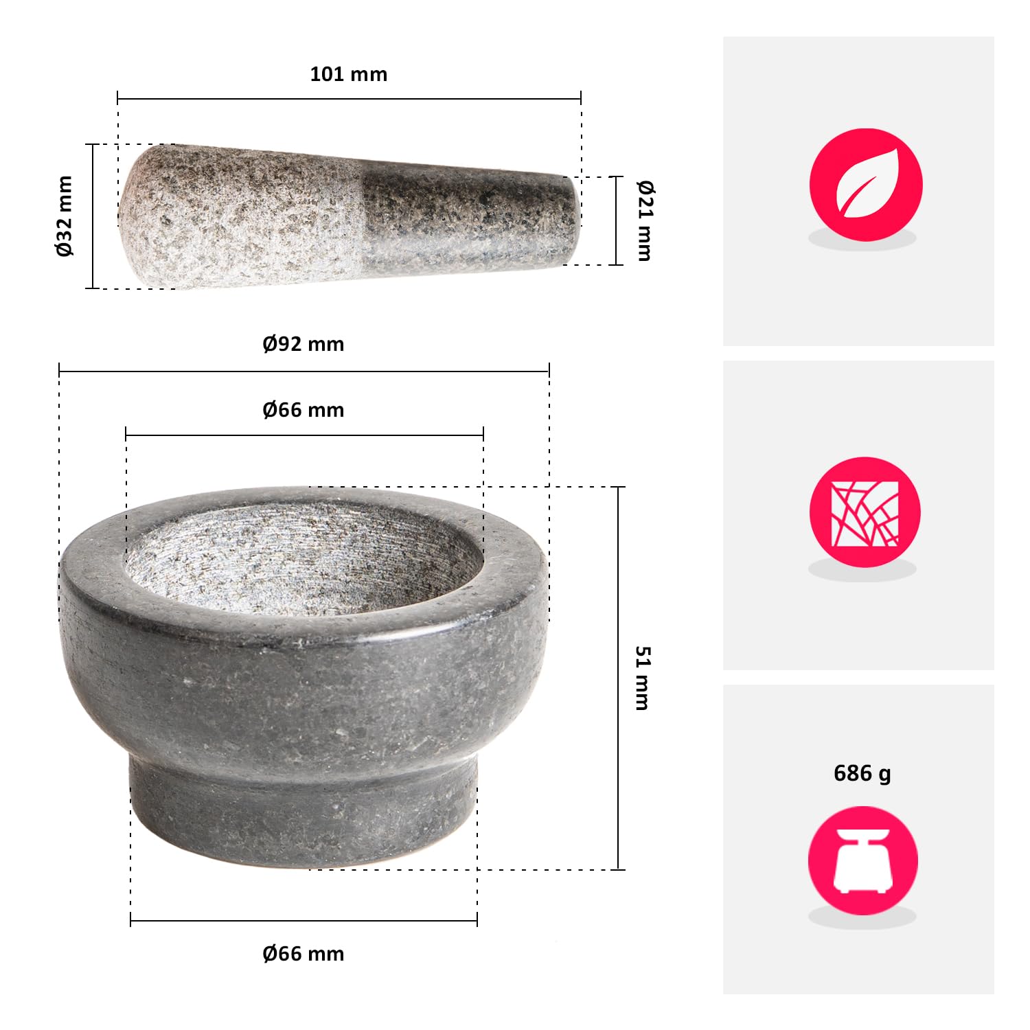 Moździerz granitowy z tłuczkiem – wytrzymały moździerz z kamienia naturalnego, 9 x 5 cm, do przypraw, ziół, pesto i past, antypoślizgowy, trwały, idealny do kuchni i gotowania