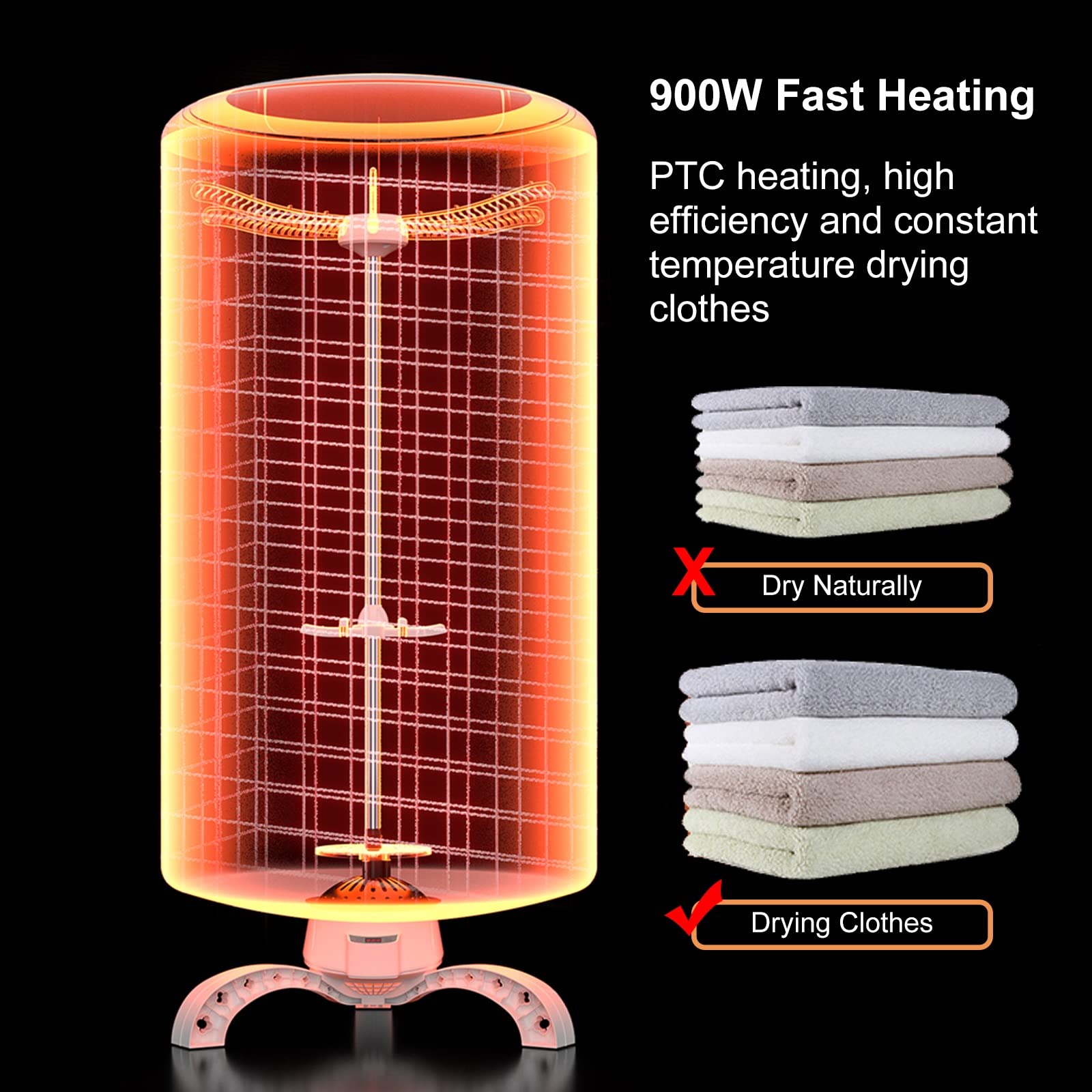 Secadora de Ropa Eléctrica Portátil 900W Tendedero de Ropa con Calefacción, Pantalla LED, Configuración de 240 Minutos, Marco de Acero Inoxidable de Calentamiento Rápido, Rodamiento de Carga de 15kg (