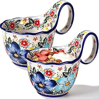 2 PCS Microwavable Soup Bowl with Loop Handle 17oz Handpainted Ceramic S...