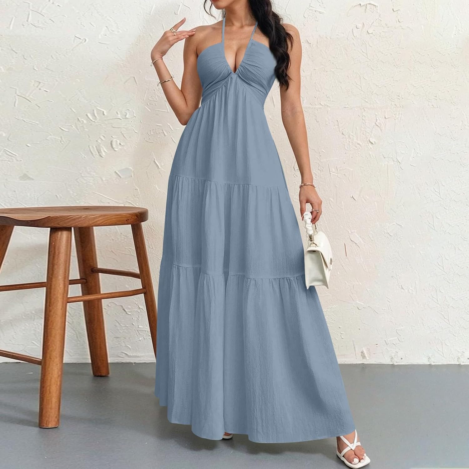 Halter Neck Dresses for Women 2026 Backless Deep V Neck Maxi Sundress a Line Empire Waist Spaghetti Strap Dress - Image 3