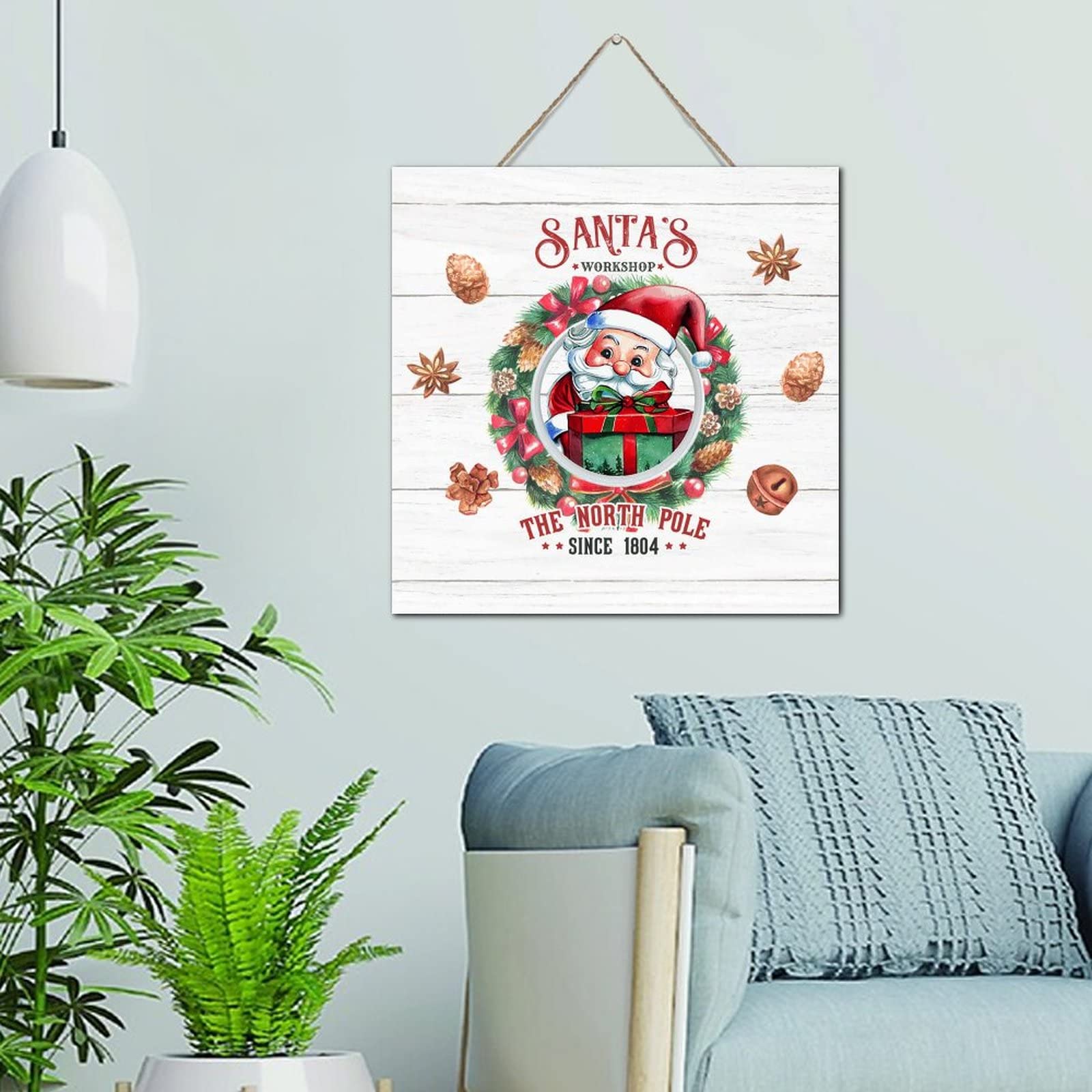 Panneau décoratif en bois Santa Workshop plaque murale maison 30 cm