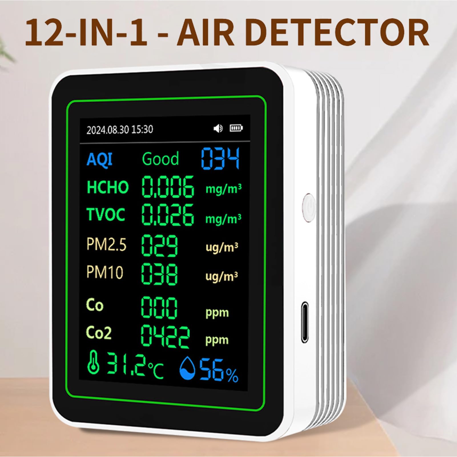 Gugxiom Monitoraggio della qualità Dell'aria, Sensori di Temperatura Interno, Rileva PM2.5/PM1.0/PM10/CO2/CO/TVOC/HCHO/Temperatura/Humidità, Misuratore di qualità Dell'aria per il Hotel (WHITE)