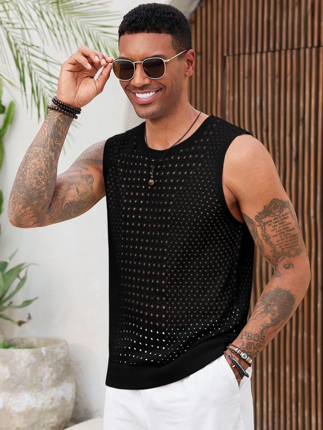 Runcati Mens Knit Sleeveless Tank Tops Casual Hollow Out T Shirts Beach Summer See Through Tops - Image 3