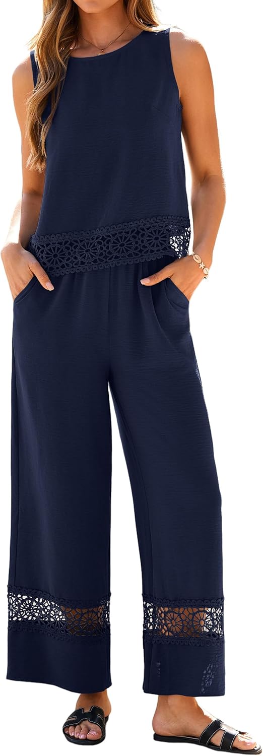 Glamaker Summer Pants Sets Womens 2 Piece Outfits Sleeveless Crop Top Round Neck Lace Wide Leg Beach Travel Set 2026