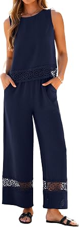 Glamaker Summer Pants Sets Womens 2 Piece Outfits Sleeveless Crop Top Round Neck Lace Wide Leg Beach Travel Set 2026