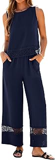 Glamaker Summer Pants Sets Womens 2 Piece Outfits Sleeveless Crop Top Round Neck Lace Wide Leg Beach Travel Set 2026
