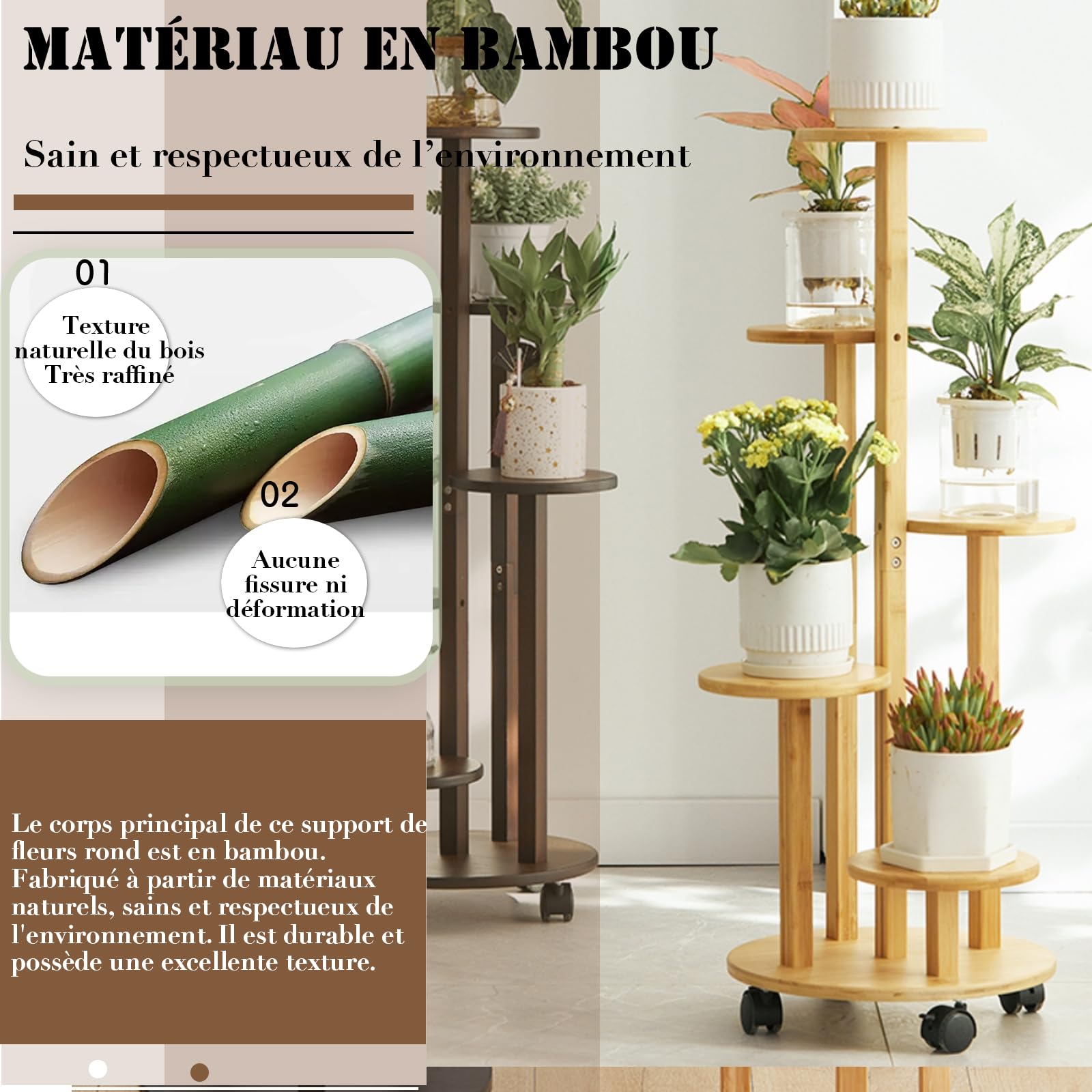 Support de plantes d'intérieur à roulettes, 5 niveaux en bambou pour plantes d'intérieur, Support pour plantes, Diamètre du châssis : 33 cm（Couleur bois）