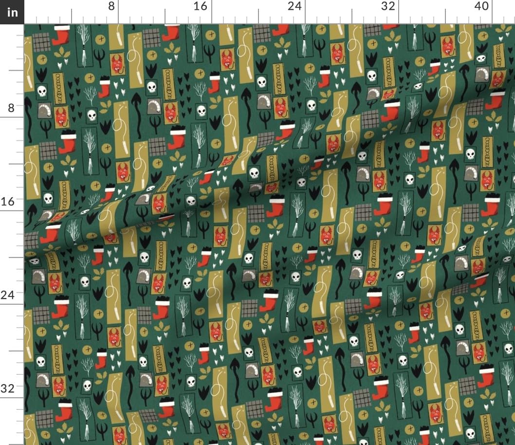 Spoonflower Fabric - Christmas Horror Retro Green Krampus Spooky Gothic Winter Mid Century Printed on Petal Cotton Fabric Fat Quarter - Sewing Quilting Apparel Crafts Decor
