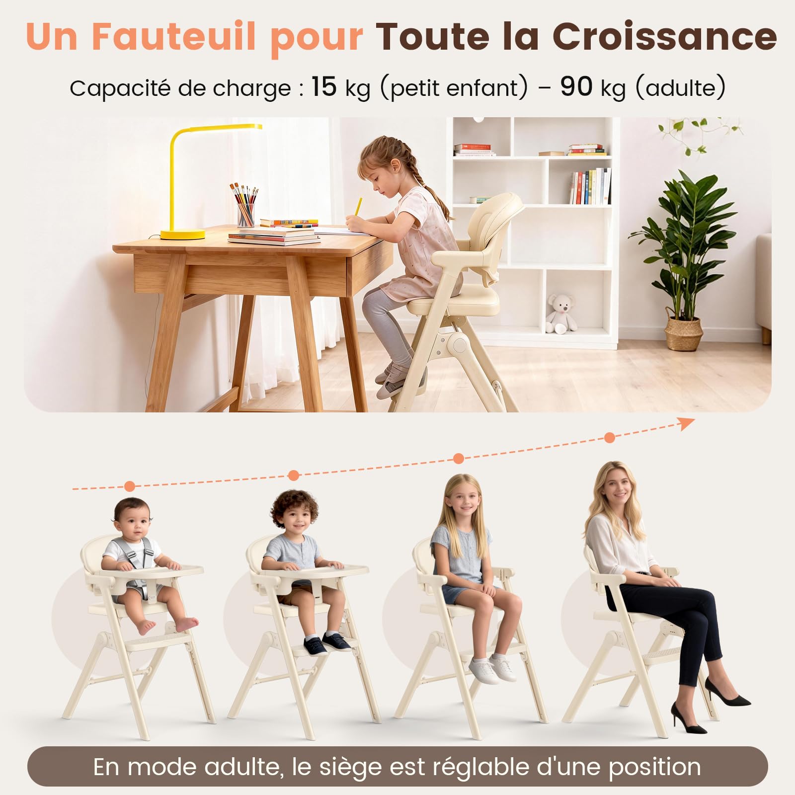 Chaise Haute Bébé Évolutive - de 6 Mois Jusqu'à 90 kg -Chaises Hautes Pliée avec Assise/Repose Pieds Réglables, Amovible Plateau et Coussin/Harnais 5 Points-Conforme à L'ergonomie (Beige)