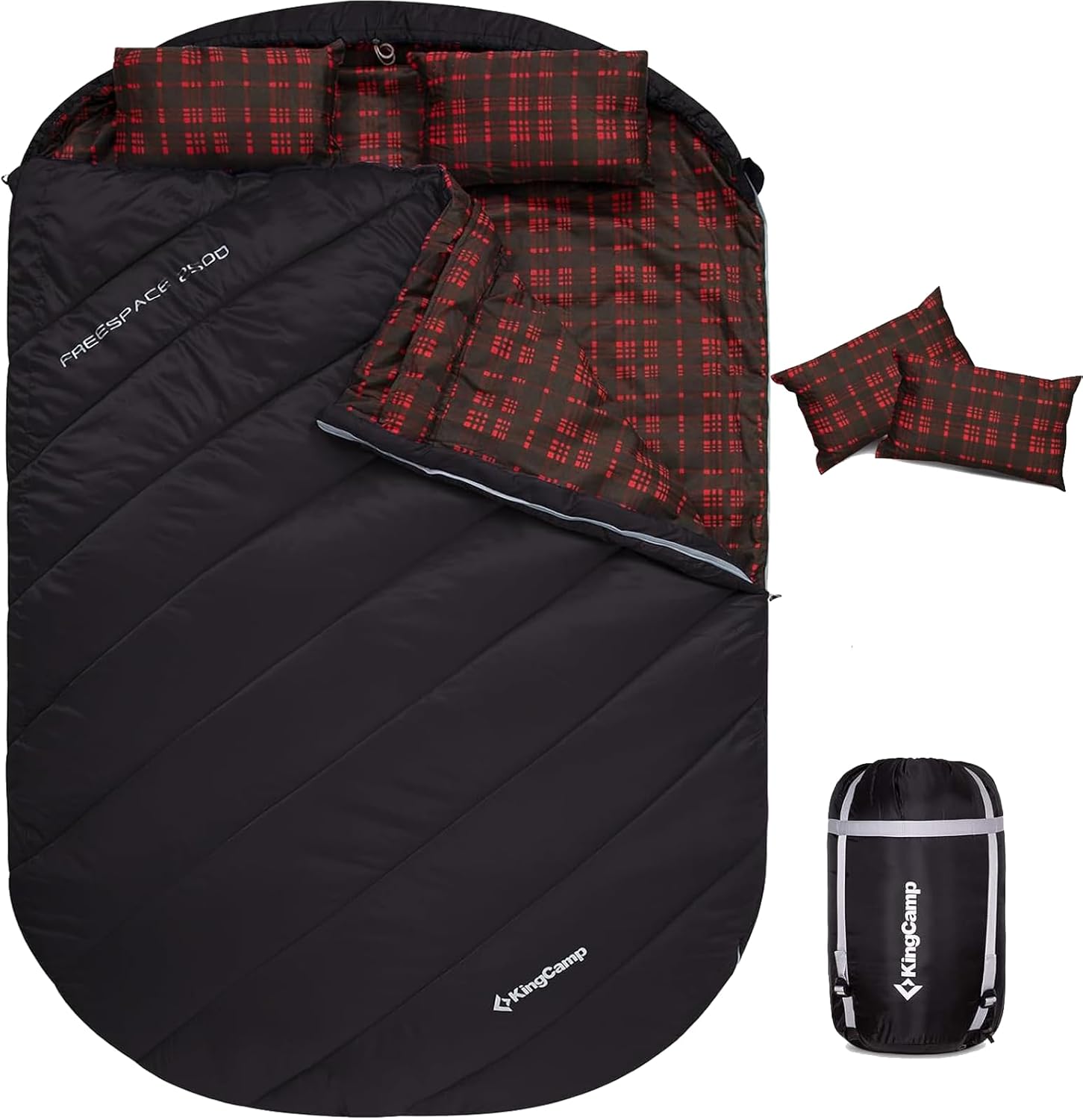 KingCamp Double Sleeping Bag for Adults, Queen Size 2 Person XXL Flannel Sleeping Bag, Waterproof Lightweight Flannel Quilt with 2 Pillows, Perfect for Couples Family Camping Hiking Thermal Pod-Black Double
