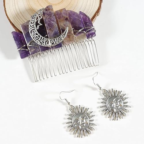 Miniatura 4 de Alambre de plata de amatista de cristal natural envuelto con estrellas de luna calada 20 dientes y aretes sonrientes de sol de bronce