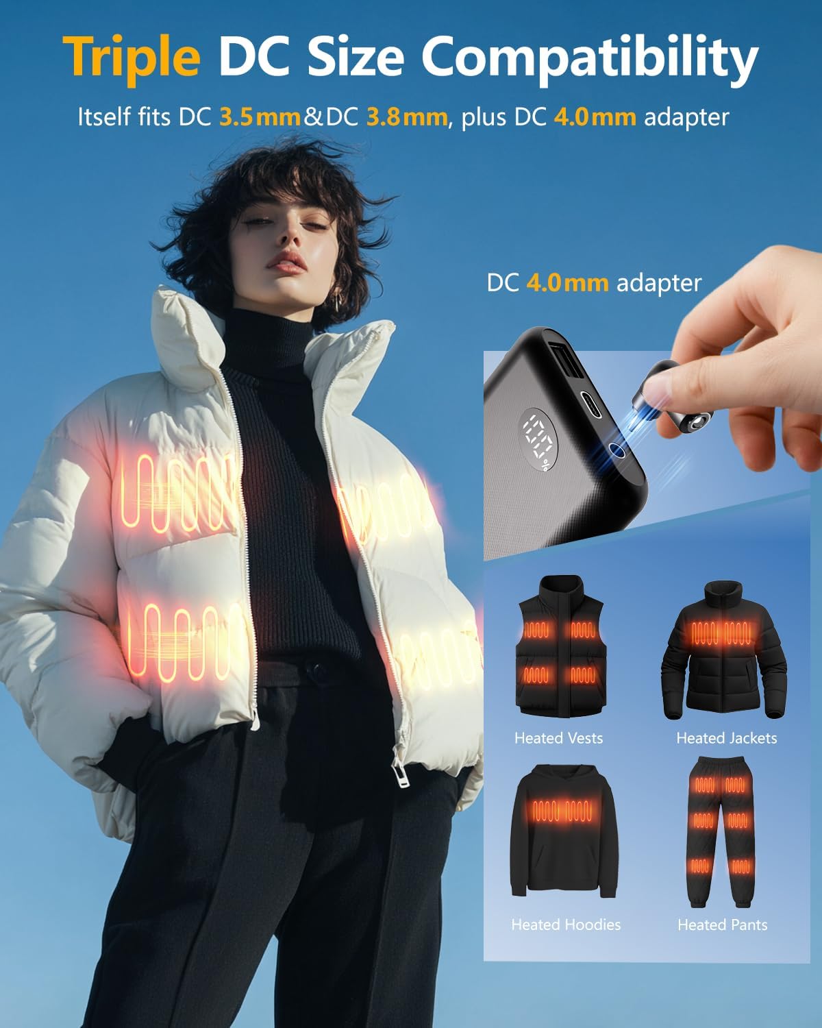 Heated Vest Battery Pack,ππππππ¦ππ‘ 5V 2A/3A 10000β―Mah Ultra Light Small Power Bank for Heated Vests, Jackets with LED Display | 7.4V 3A DC Battery with PD USB/Type-C 3 Outputs - Image 3
