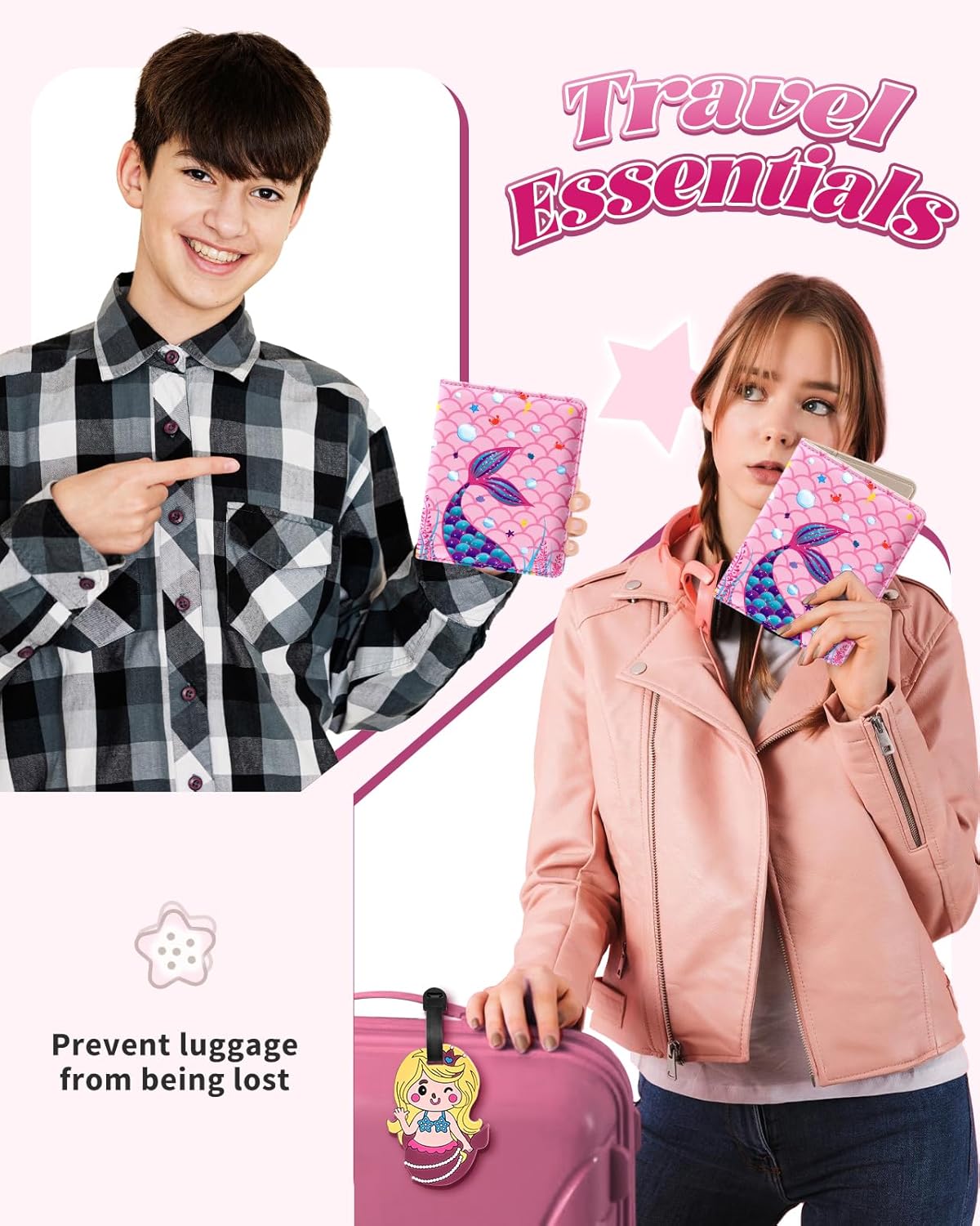 Slohif Kids Passport Holder Lugguage Tag Set Suitcase Cover Wallet Case for Travel Girls Women - Cute Leather Passport Book Personalized Organizer Card Protector Sleeve Essentials Slim Carrier Mermaid - Image 5