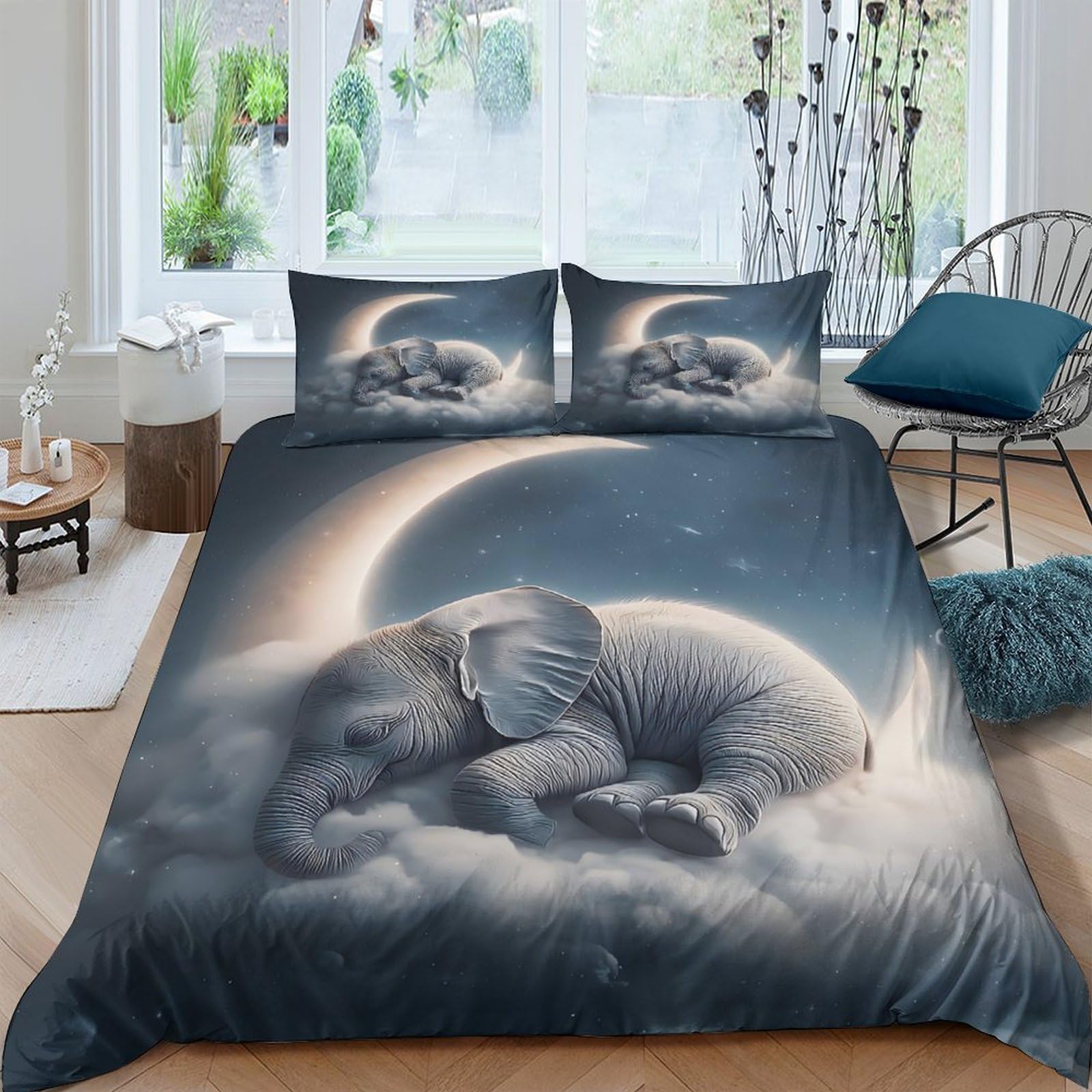 Ctjqhvkz Style-9 3D Printed Moon Elephant Fitted Sheet Microfiber Soft Anti-Slip Bed Cover For Bedroom Guest Room Mattress Decor Single（135X200cm）