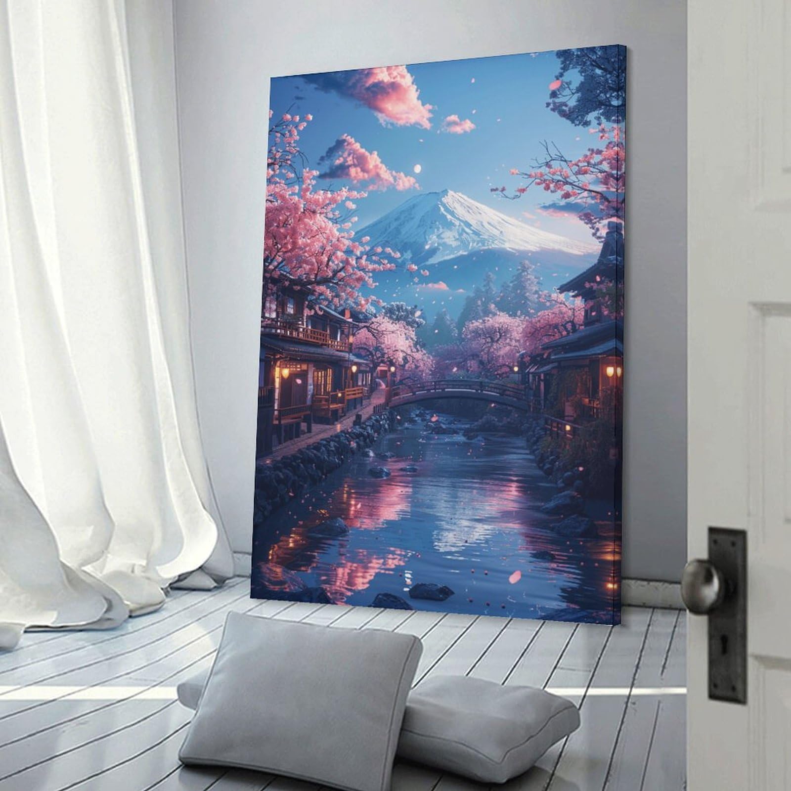 Junmoney Frame-Style-1 Decorative Wall Artwork Cherry Blossom Village Scene, 16X24inch(40X60cm), For New Homes, Bedrooms Or Workspaces, Canvas Artwork With Gifting Potential