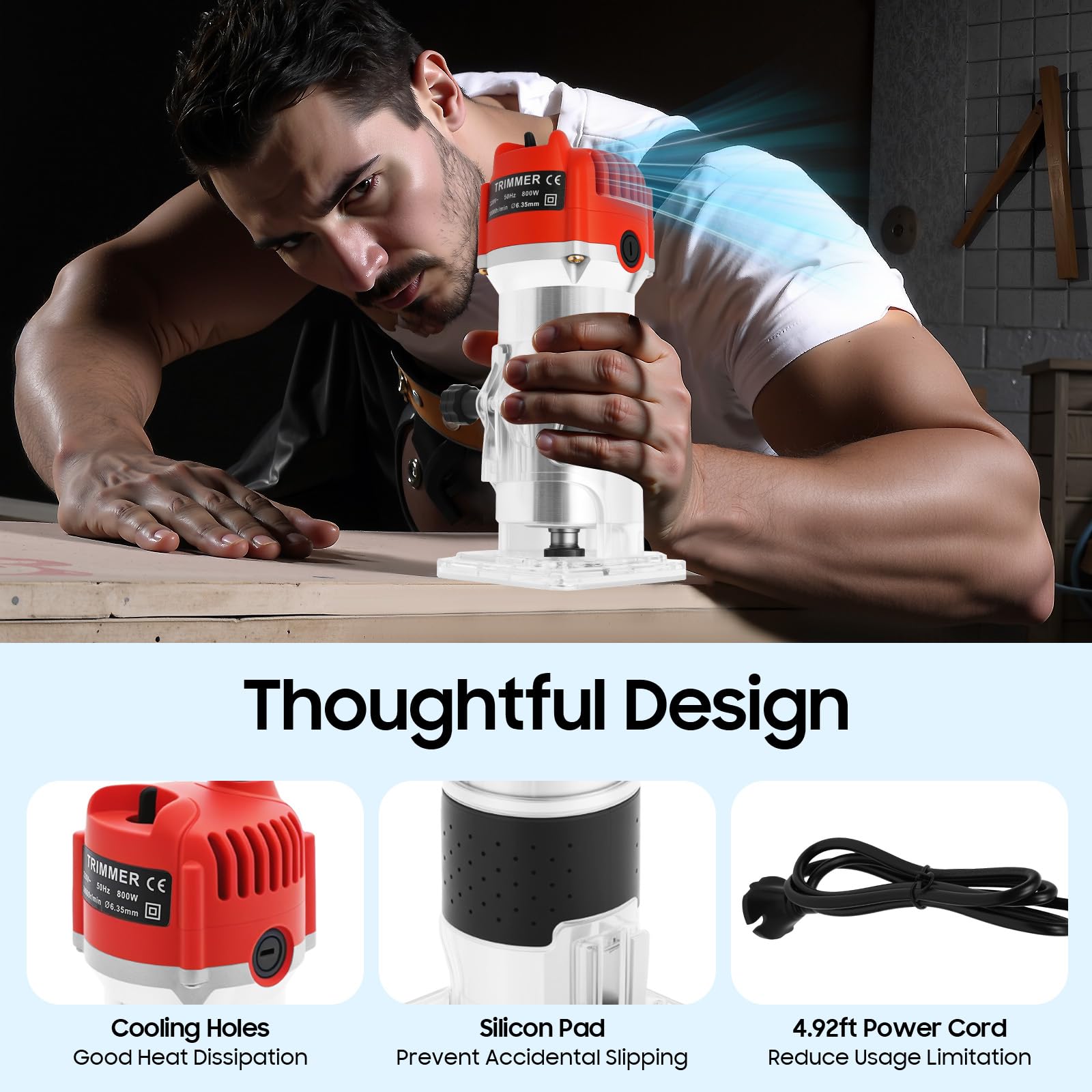 Fresatrice a mano per legno, fresatrice elettrica e fresatrice per bordi 30.000 giri/min, con base di precisione, fresatrice per legno versatile per lavori di costruzione di mobili e progetti fai da