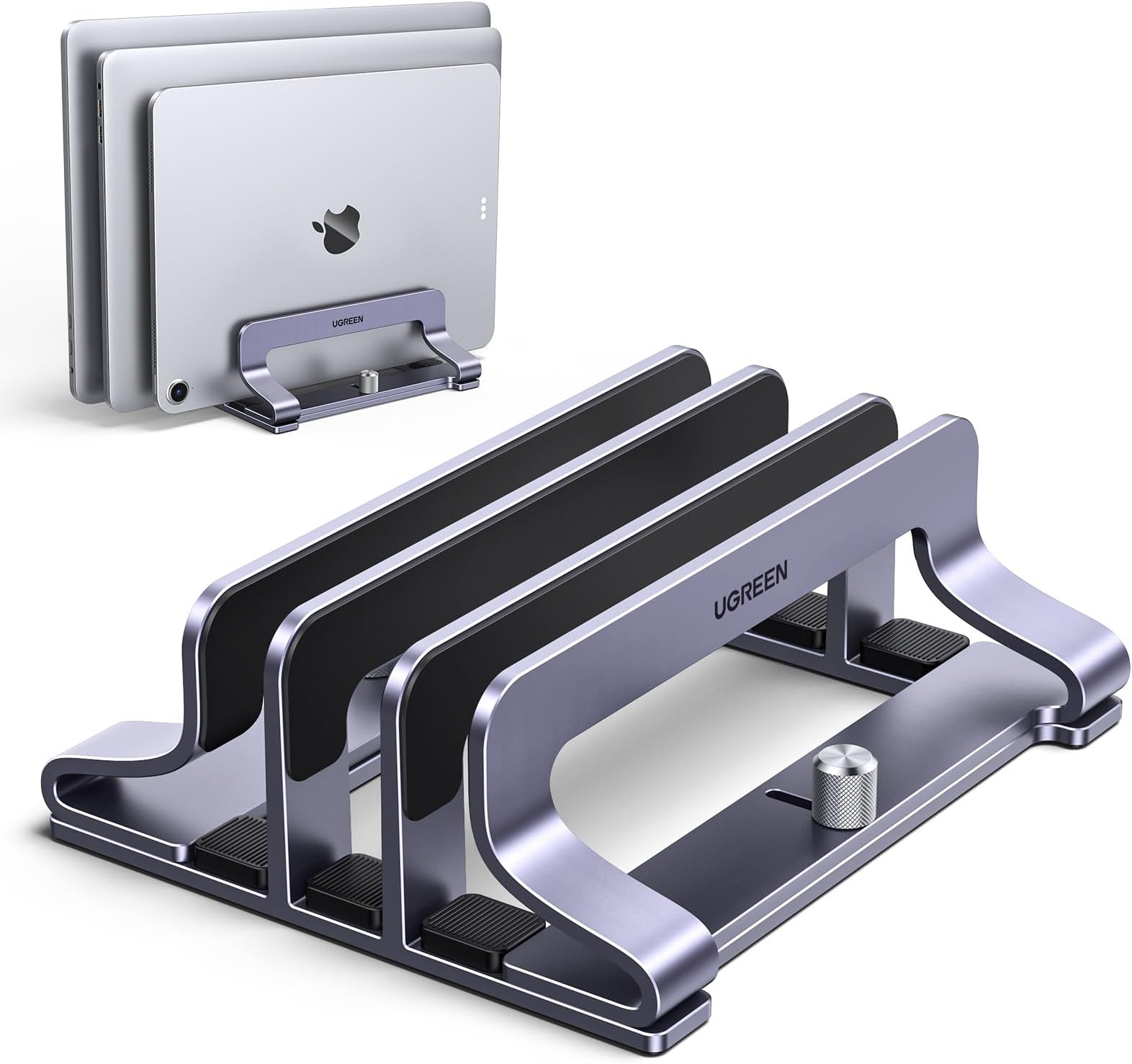 UGREEN Laptop Stand Vertical 3-Slot Storage PC Stand Vertical Placement Storage 3 Slots Width Adjustable Aluminum Alloy Made Silicone Rubber Scratch Protection Compatible with 15.6 Inches All Models