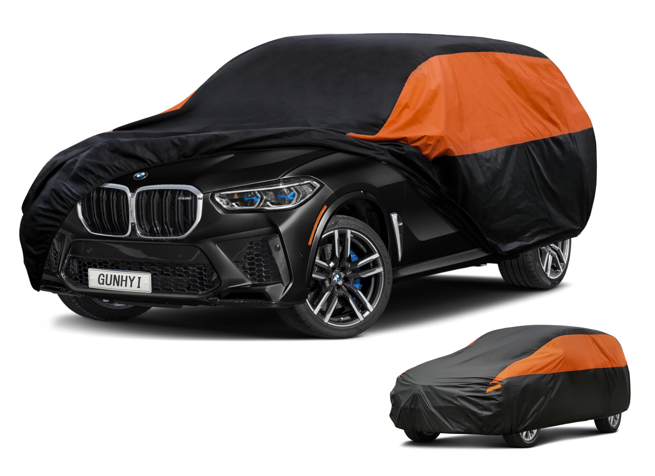 GUNHYI Waterproof SUV Full Car Cover Custom Fit BMW X5 (2000-2006) | All‑weather Outdoor sun/rain/dust/snow/wind/UV protection, breathable lightweight fabric, black‑orange design,storage bag