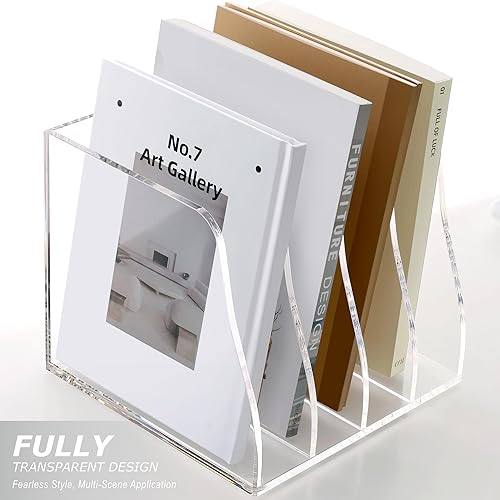 Miniatura 7 de SANRUI Organizador de archivos de escritorio de acrílico, 4 compartimentos verticales, soporte transparente para archivadores, clasificadores de