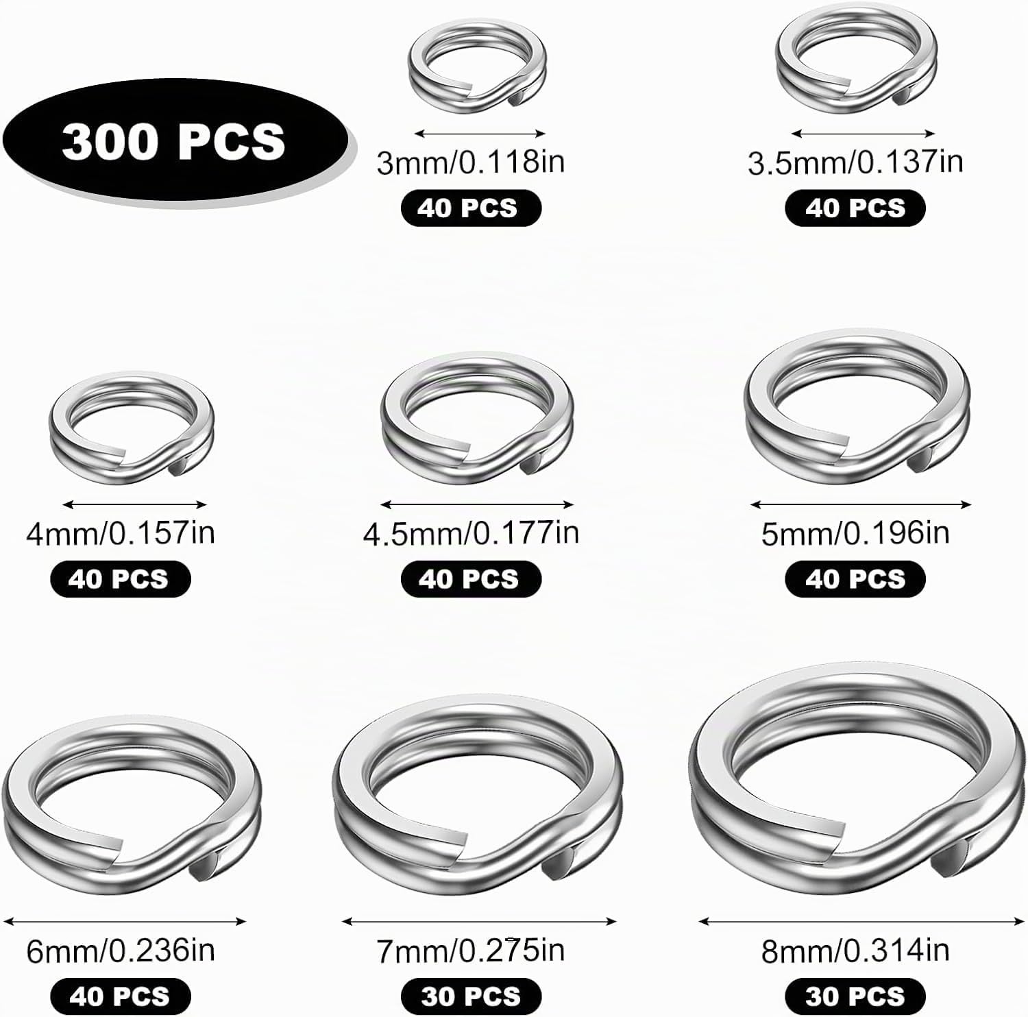 Realure 300 Pezzi Anelli Spaccati da Pesca in Acciaio Inossidabile Anello da Pesca, 8mm 7mm 6mm 5mm 4.5mm 4mm 3.5mm 3mm Anelli Spaccati da Pesca per ami da Pesca a Jigging Esche da Pesca Tackle