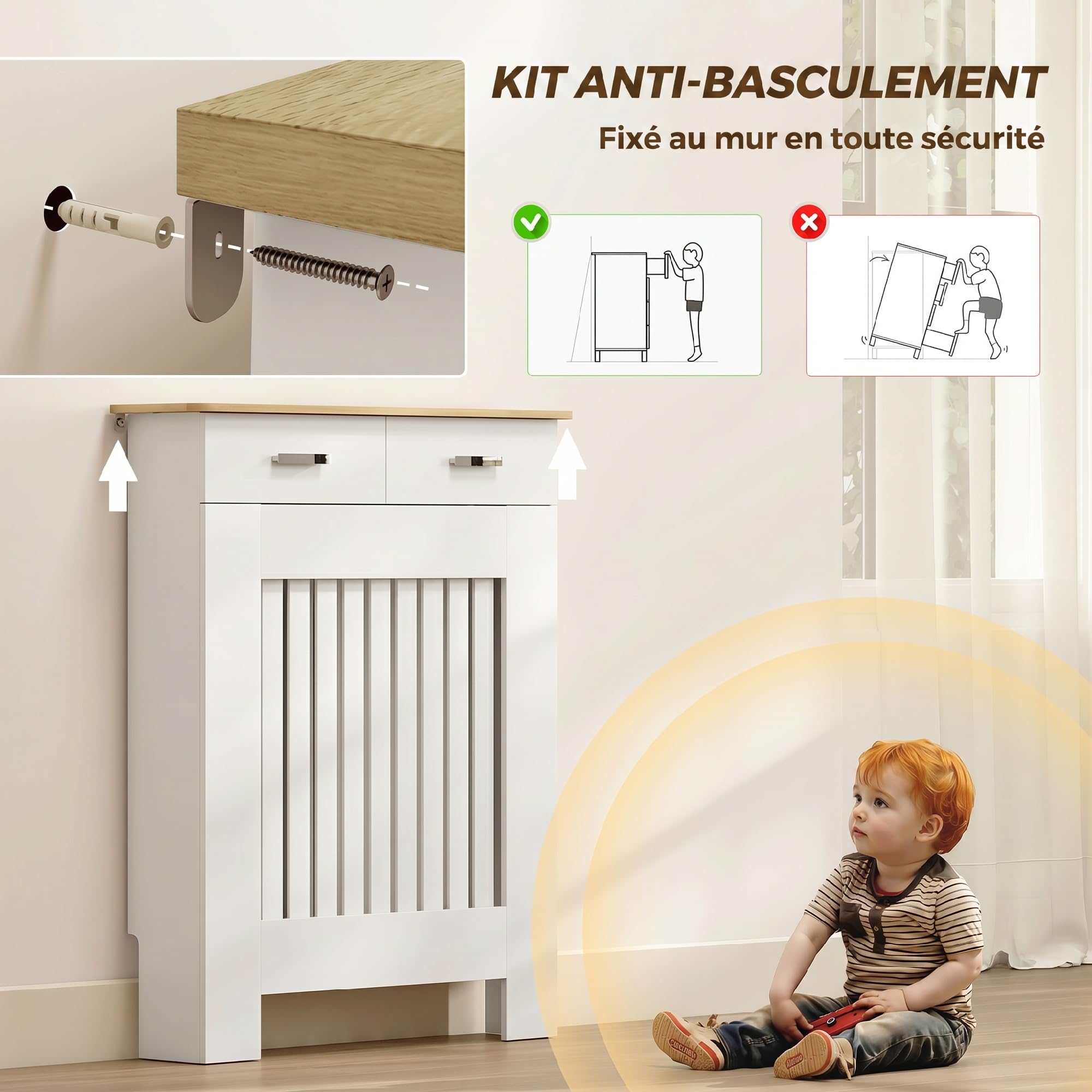 HOMCOM Cache-radiateur avec Tiroir de Rangement 78 x 19 x 97 cm Blanc