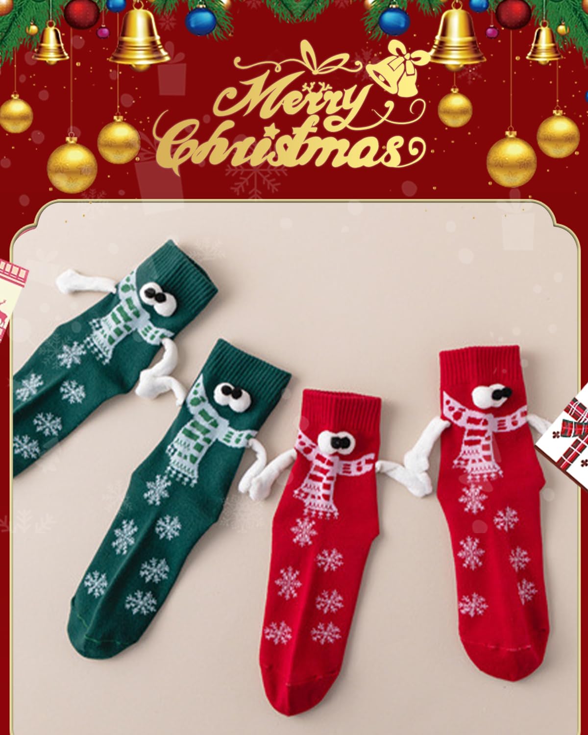 Yawlsow Lot de 4 paires de chaussettes de Noël amusantes avec ventouses magnétiques 3D pour couple, famille, amis, Rouge + vert + noir + blanc, taille unique
