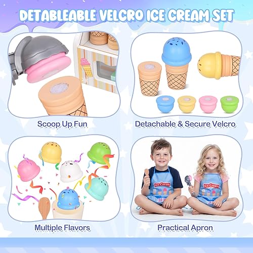 Miniatura 5 de Juguete de helado de madera, juego de contador de helado para niños, accesorios de cocina con delantal colorido, cuchara de comida, menú, dinero